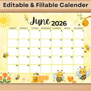 Könnte beinhalten: Ein gelb-weißer Kalender für Juni 2026 mit Bienenillustrationen. Der Kalender hat einen Aquarellhintergrund mit dem Text "Editable & Fillable Calendar" oben. Auf der rechten Seite liegt ein roter Stift.