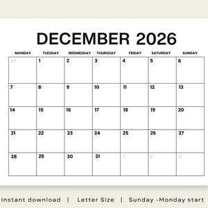 May include: A printable monthly calendar page for December 2026 with a black and white grid layout. The calendar features bold black text for the month and year, with days of the week listed from Monday to Sunday in a clean, sans-serif font.