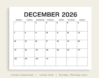 Calendario mensile di dicembre 2026 stampabile: PDF minimalista (download digitale)