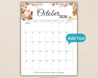 Editable October 2026 Calendar:Simple Script Planner , Printable , Fillable Calendar with Pumpkins & quotes ,Instant Download (PDF, PNG,JPG)
