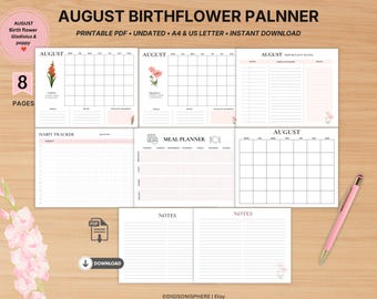 AUGUST Planner Printable | August Birth Flower Digital Planner+Blank calendar   | Habit Tracker & Notes Pages | Botanical Floral Planner