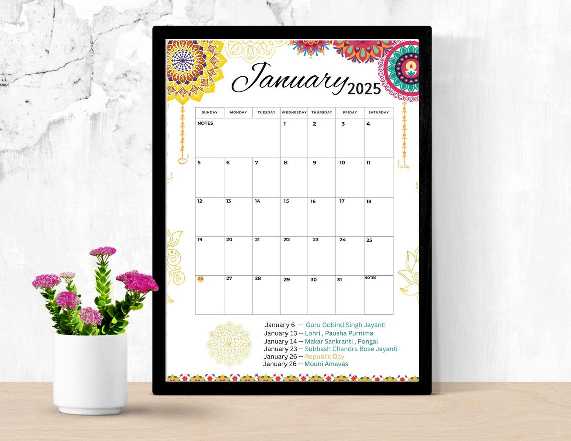 Fillable/editable January 2025 Calendar Indian Festival Calendar