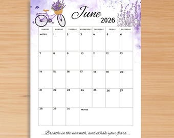 Editable June 2026 Calendar – Lavender Themed Printable Monthly Planner (Fillable PDF), Simple script planner with quotes.