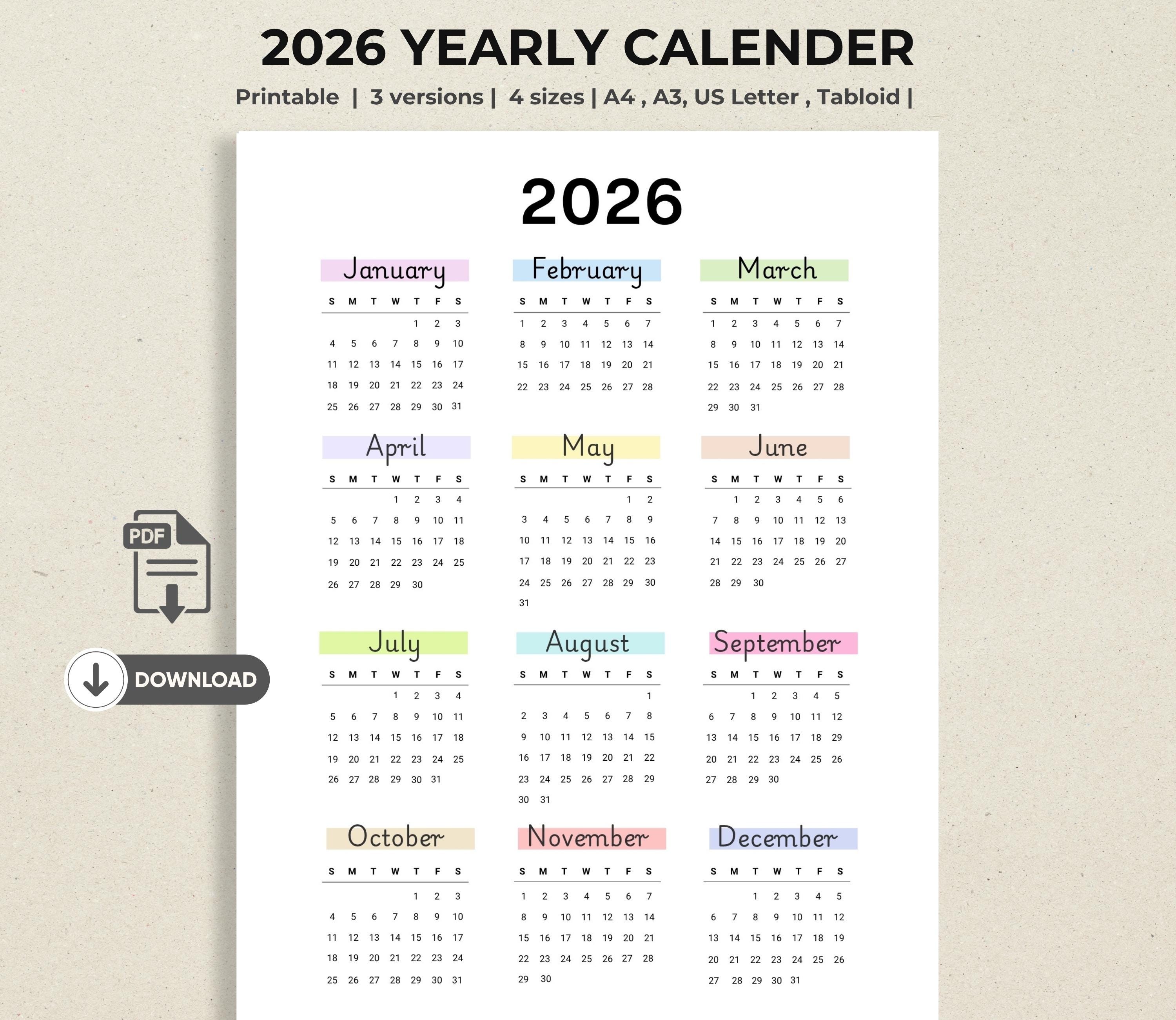 2026 Minimalist Printable Calendar, 3 Versions, 4 Sizes (digital