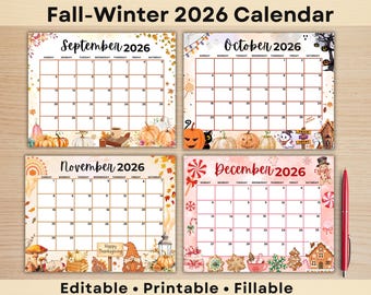 Fall Winter Printable Calendar 2026– Editable & Fillable Monthly Planner for kids, Schools , Work, Home | Christmas Candy (Digital Download)