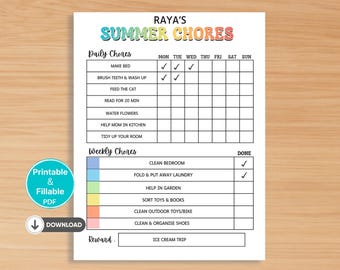 Summer Chore Chart Printable for Kids | Fillable PDF | Reward , No Reward Version | Color and Black & White | Instant Download | Letter Size