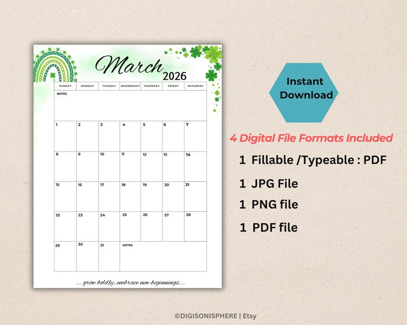 March 2026 Calendar Printable, St Patricks Day Theme, Shamrock Rainbow ...