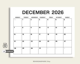 December 2026 Monthly Calendar Printable: Minimalist PDF (Digital Download)