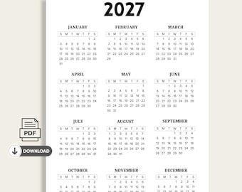 2027 Printable Calendar | Minimalist One Page Wall Calendar | Year at a Glance | Digital Download | A3, A4. A5 & Letter