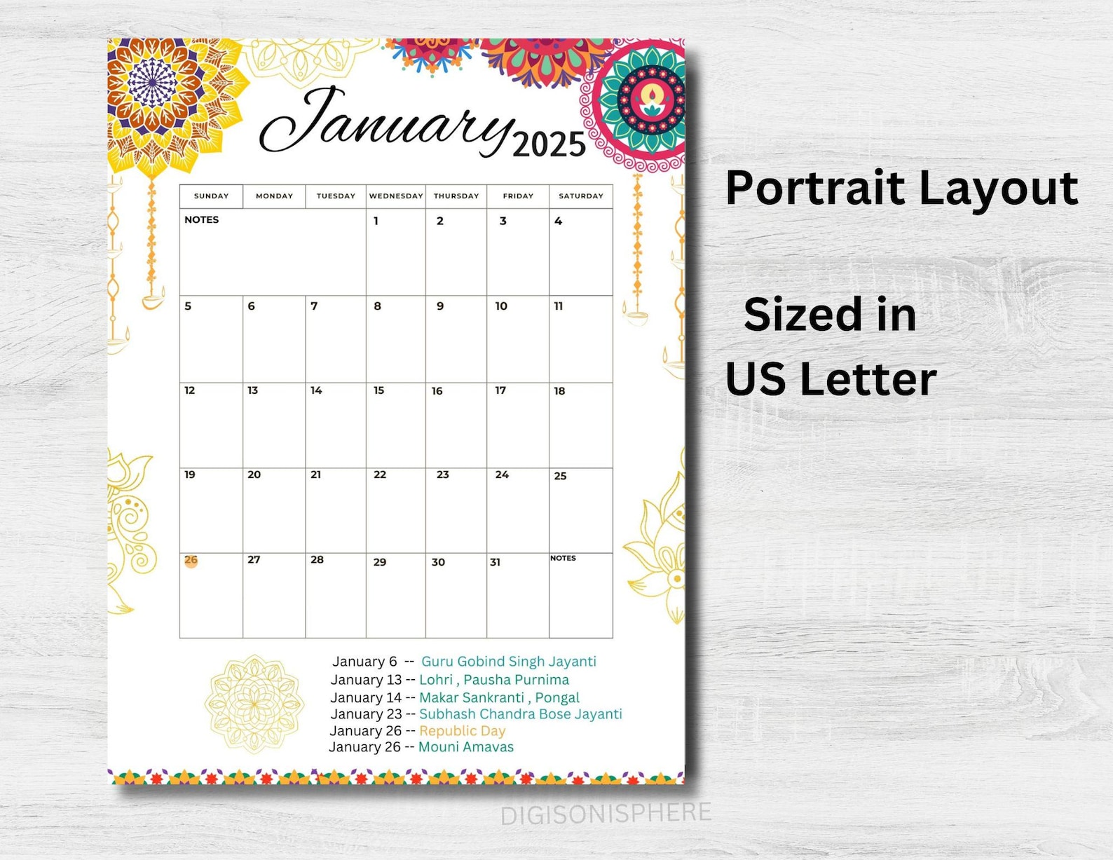 Fillable/editable January 2025 Calendar Indian Festival Calendar