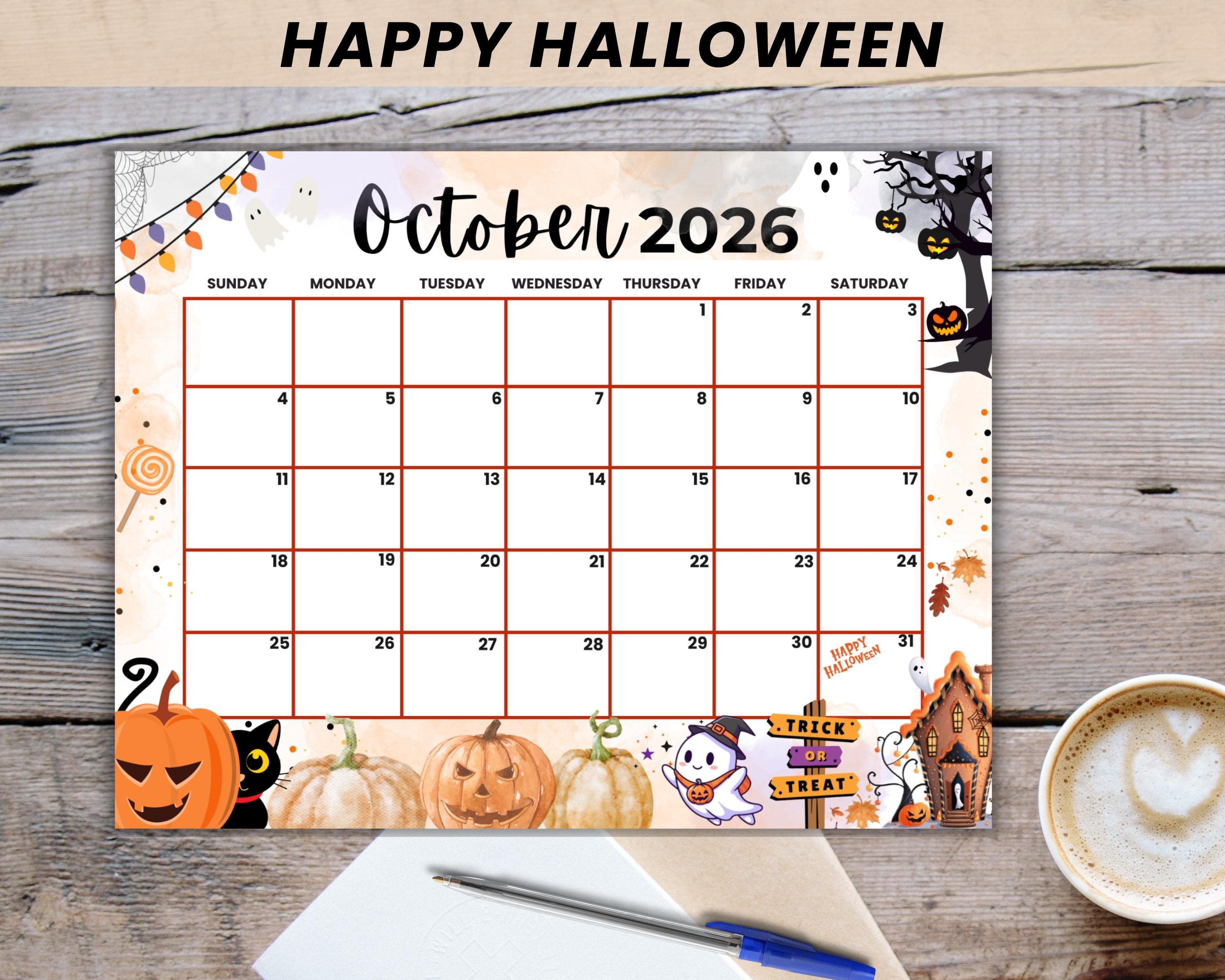 October 2026 Halloween Calendar | Editable, Fillable Planner for Kids ...