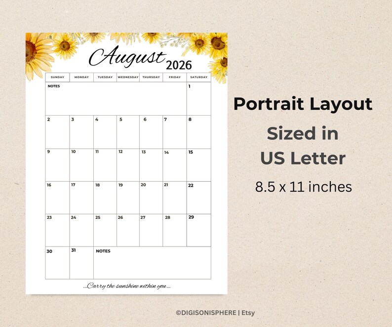 Editable August 2026 Portrait Calendar | Printable & Fillable Planner ...