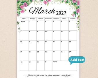 March 2027 Script Calendar | Floral Design, Printable & Fillable PDF (Instant Download) with Quotes Portrait Planner
