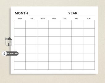 Blank Monthly Calendar Template Printable | Minimalist Blank Calendar Printable | Simple Undated Monthly Planner | Instant Download