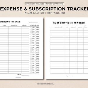 Printable Monthly Expense & Subscription Tracker, Budget Planner PDF (A4, A5, US Letter)