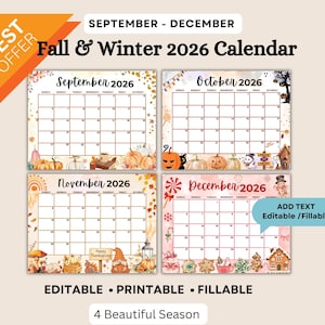 Fall & Winter 2026 Printable Calendar Bundle – September-December Fillable Monthly Planner for kids, Work , Home | Halloween , Christmas