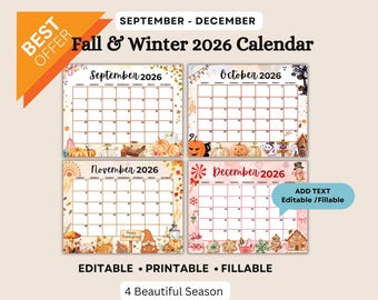 Fall & Winter 2026 Printable Calendar Bundle – September-December Fillable Monthly Planner for kids, Work , Home | Halloween , Christmas