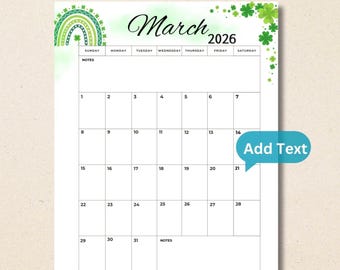 Calendário de março de 2026 para imprimir, tema Dia de São Patrício, arco-íris de trevo, download digital, adicione texto.