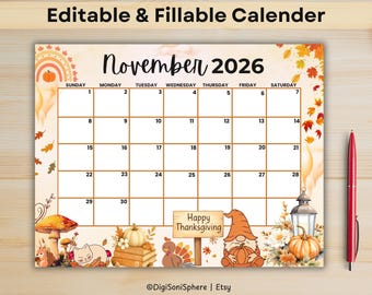 November 2026 Autumn Calendar Printable | Thanksgiving Theme Editable Fillable Monthly Planner PDF for Home, Kids & Work , letter size