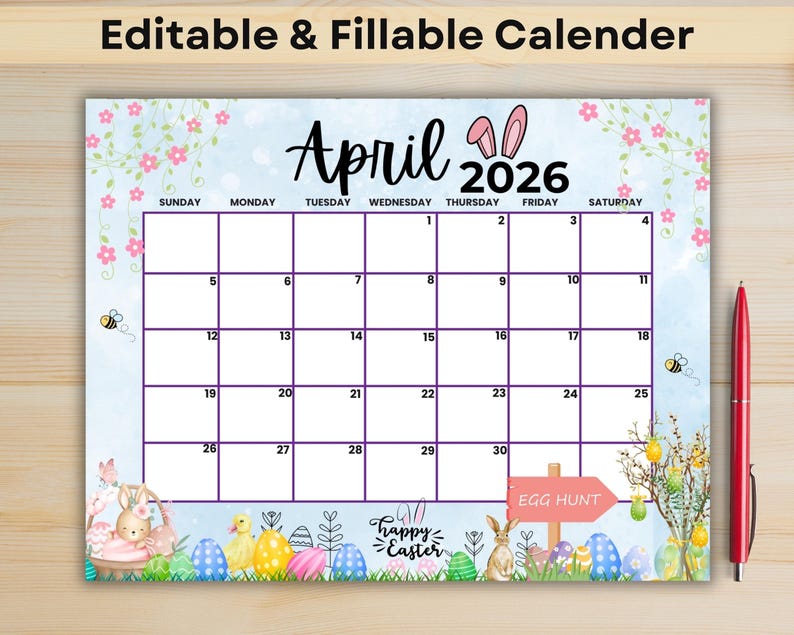 Printable April 2026 Calendar | Easter Theme, Editable PDF (digital ...