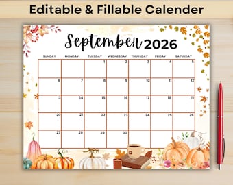 Printable September 2026 Calendar | Editable Monthly Planner PDF | Fillable Organizer for School, Work & Home | Instant Download | US Letter