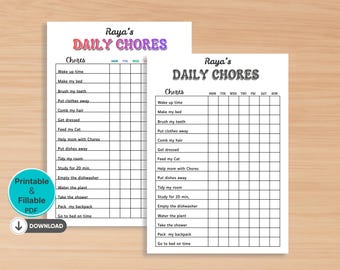 Editable Daily Chore chart for Kids  | Printable Kids Chore chart | Simple Daily Chore | A4,US letter | Instant Download |