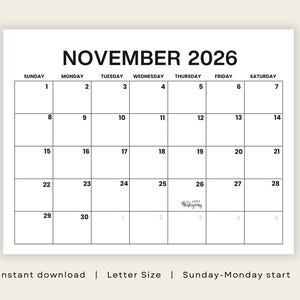 November 2026  Calendar Printable : Minimalist Planner  PDF (Digital Download), Sunday-Monday starts | letter size |