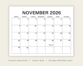 Puede incluir: Una página de calendario mensual imprimible para noviembre de 2026 que comienza en domingo. La cuadrícula presenta texto negro sobre fondo blanco, incluyendo el mes, año, días de la semana y fechas del 1 al 30, con Happy Thanksgiving el día 26.