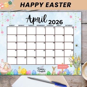 Printable April 2026 Calendar | Easter Theme, Editable PDF (digital ...