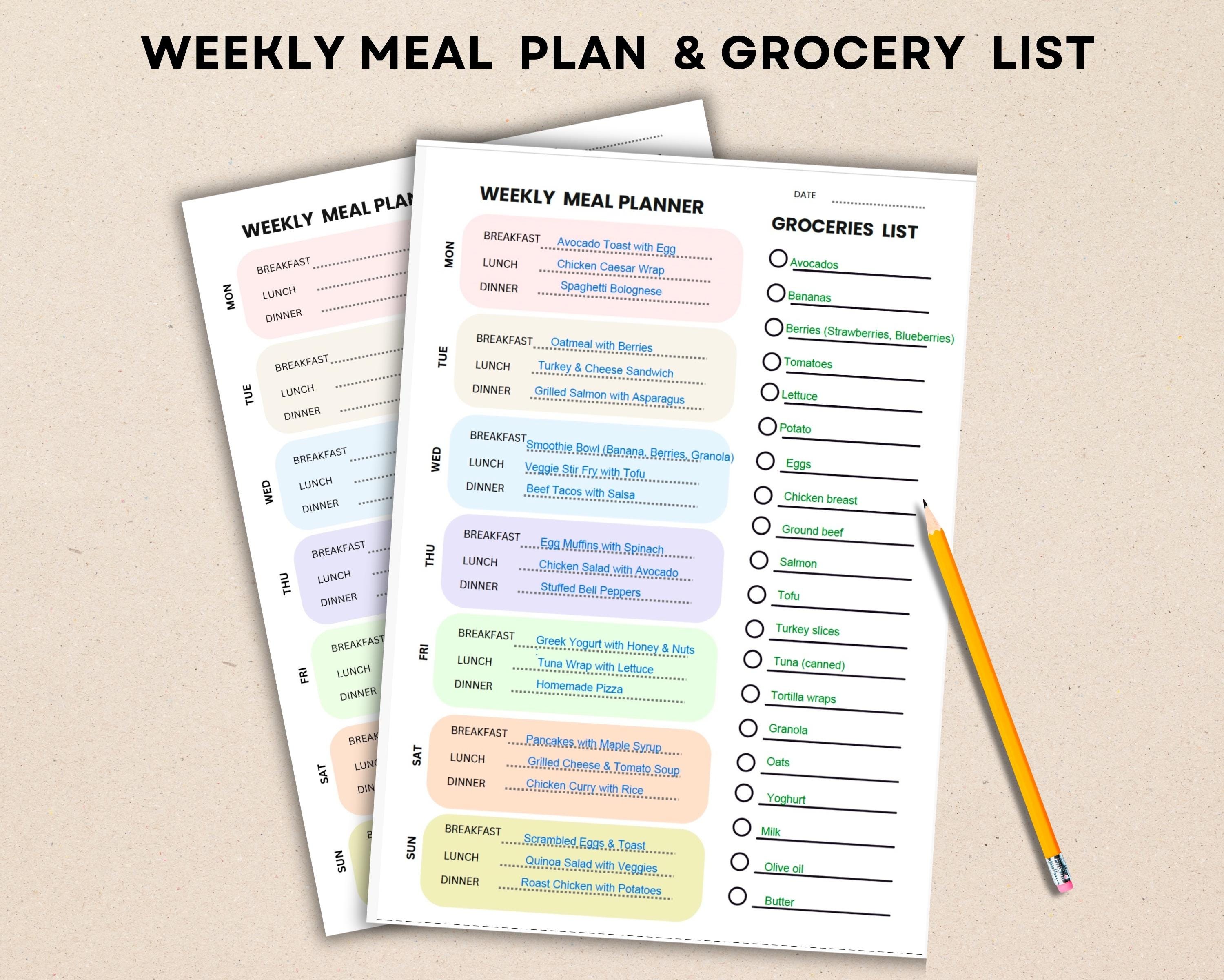 Weekly Meal Planner Printable | Fillable PDF With Grocery List | 7-day ...