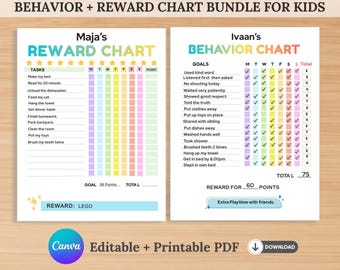 Editable + Printable Kids Behaviour & Reward Chart Bundle | Weekly Chore  | Routine Chart | Star Tracker | Reward Certificate |
