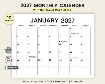 2027 Minimalist Printable Calendar | Moon Phases, Holidays (A4, US Letter) | Digital download