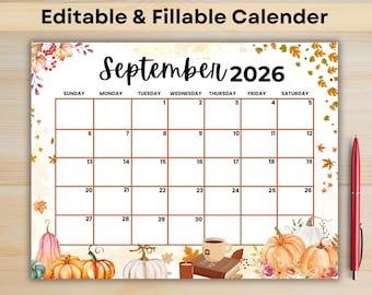 September 2026 Calendar Printable | Editable Monthly Planner PDF | Fillable Organizer for School, Work & Home | Instant Download | US Letter