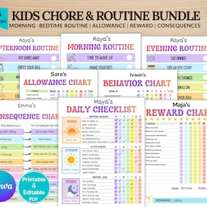 May include: A 15-page kids chore and routine bundle featuring printable charts for morning, afternoon, and evening routines, allowance, behavior, consequences, and rewards. Each chart includes colorful text, icons, and checkboxes for tracking daily tasks.