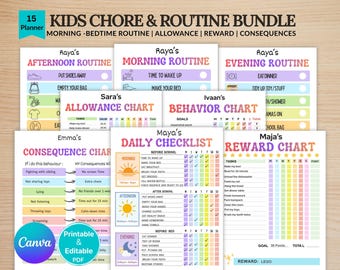 Editable Kids Routine & Chore Chart Bundle |Morning, Evening Routine |  Printable Daily Chore Chart | Reward Tracker | Canva Template