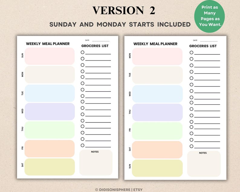 Weekly Meal Planner With Grocery List Printable Template, 7 Day Menu ...