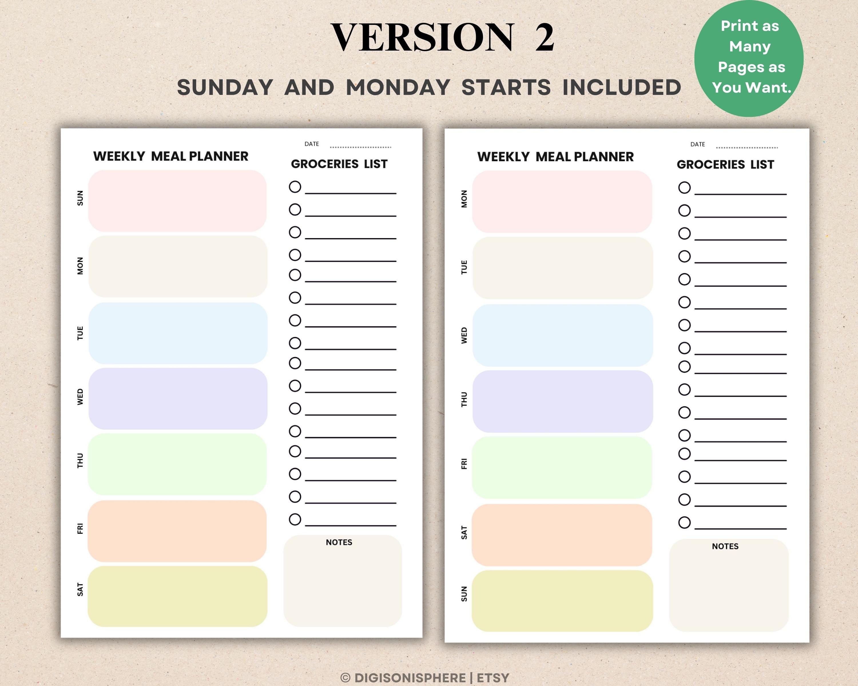 Weekly Meal Planner Printable | Fillable PDF With Grocery List | 7-day ...