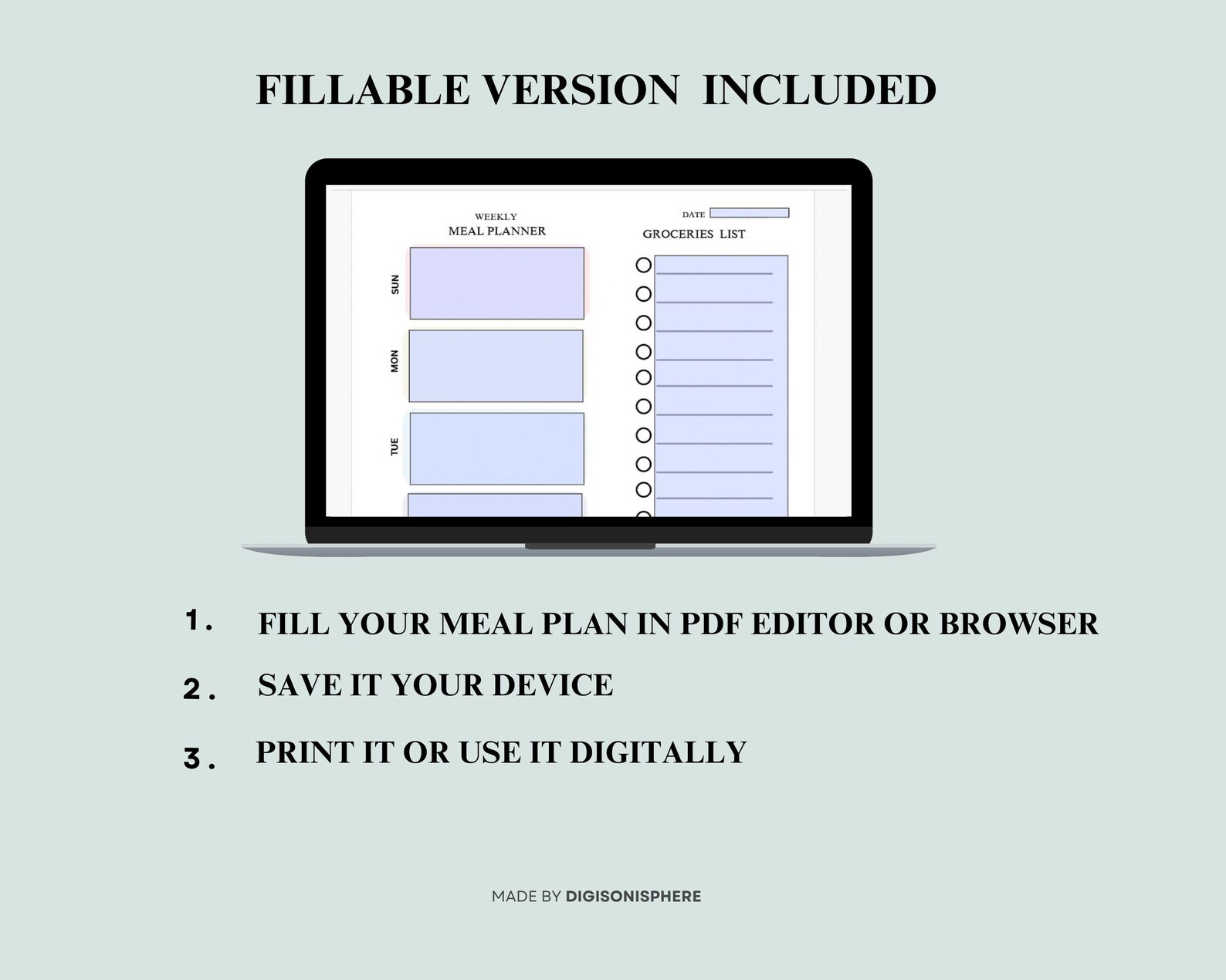 Weekly Meal Planner Printable | Fillable PDF With Grocery List | 7-day ...