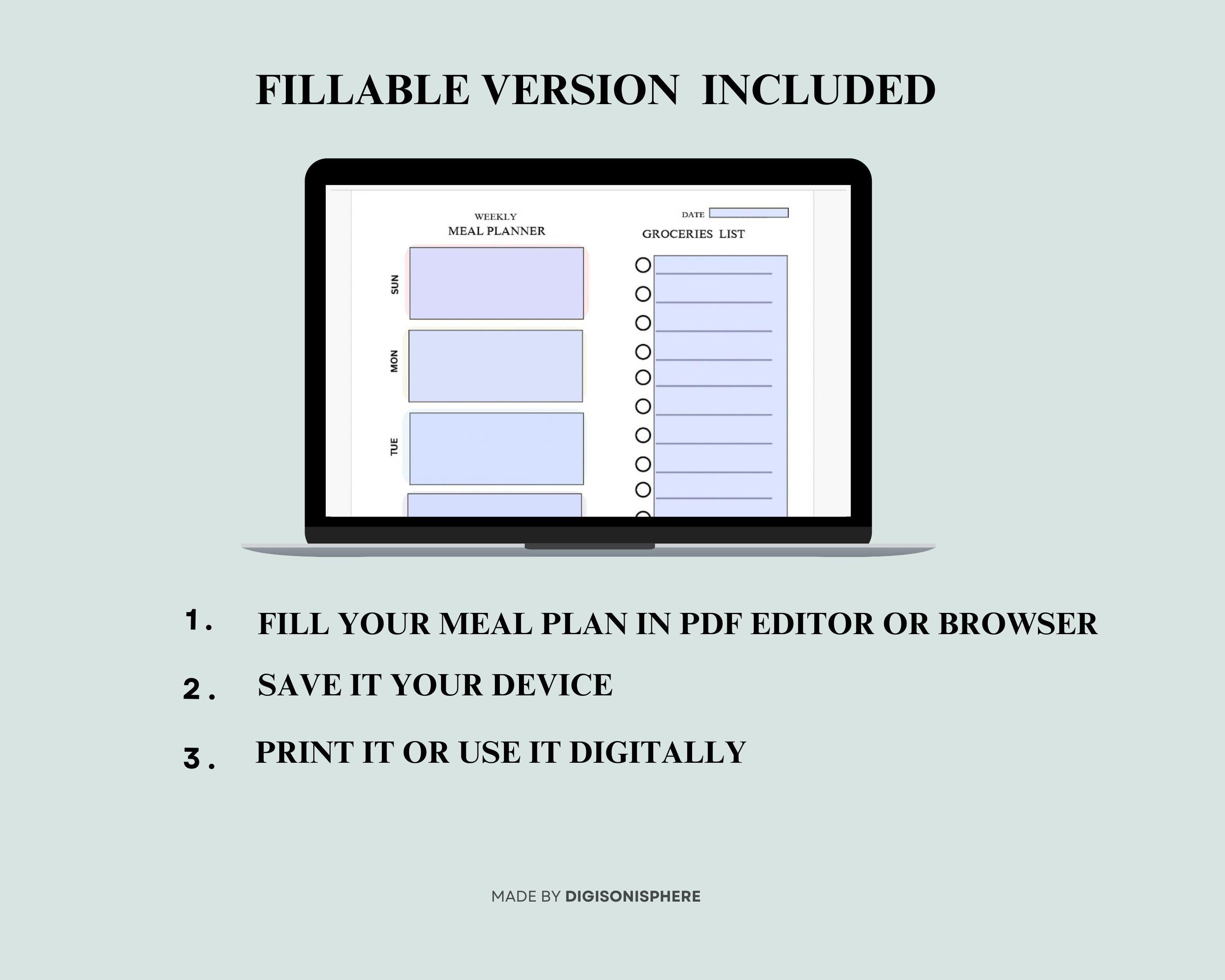 Meal Planner Weekly Printable | Fillable PDF With Grocery List | 7-day ...