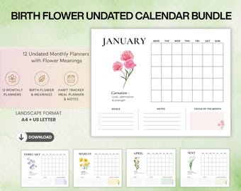 Birth Flower Undated Calendar Bundle | 15 Printable Floral Monthly Planner  with Meaning | HabitTracker, Meal Planner  | A4 & US Letter