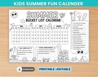 Summer Editable Activity Calendar for Kids , Printable Summer Bucket list Poster , Summer Fun Checklist ,  Landscape Family Calendar