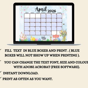 Printable April 2026 Calendar | Easter Theme, Editable PDF (digital ...
