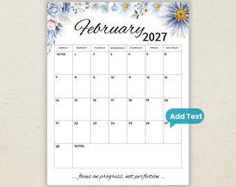 February 2027 Editable  Calendar | Floral Design, Printable & Fillable PDF (Instant Download) with Quotes Portrait Planner