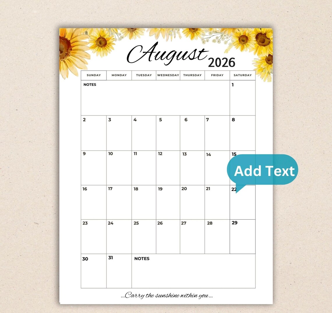 Editable August 2026 Portrait Calendar | Printable & Fillable Planner ...