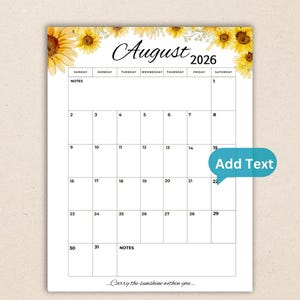 Bearbeitbarer August 2026 Porträtkalender | Druckbarer & ausfüllbarer Planer mit Spruch |Simple Script Planner| Sofortdownload | Letter Größe