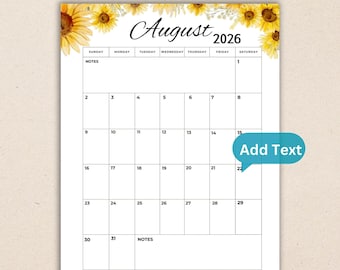 Editable August 2026  Portrait Calendar | Printable & Fillable  Planner with Quote |Simple Script Planner| Instant Download | Letter Size