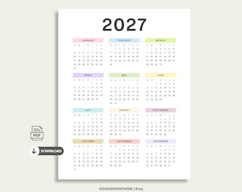 2027 Calendar Printable Year at a Glance Wall Calendar ,Sunday Monday Start ,Instant Download A3, A4. A5 & Letter Sizes | Pastel Colours
