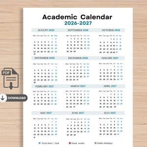 Puede incluir: Un calendario académico imprimible para 2026-2027 que abarca desde agosto de 2026 hasta julio de 2027. El diseño incluye un icono de PDF y un botón de descarga. Una leyenda en la parte inferior indica marcadores para inicio de curso y festivos.