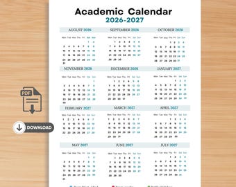2026–2027 Academic Calendar Printable | August–July School Year Planner | Color-Coded PDF & Editable Canva Template | Instant Download