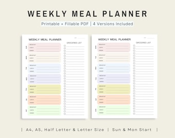 May include: A weekly meal planner template featuring two printable and fillable PDF layouts. Each page includes sections for breakfast, lunch, and dinner for seven days, plus a groceries list with checkboxes. Text includes WEEKLY MEAL PLANNER.